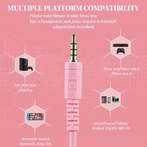 Gaming Headset for Xbox One, PS4, PS5, Nintendo Switch, Bass Surround and Noise Cancelling 3.5mm Over Ear Headphones with Mic for Laptop PC Smartphones, Pink