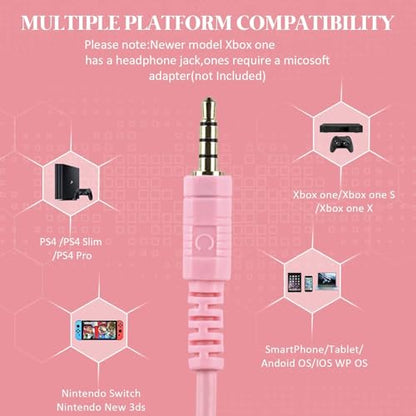 Gaming Headset for Xbox One, PS4, PS5, Nintendo Switch, Bass Surround and Noise Cancelling 3.5mm Over Ear Headphones with Mic for Laptop PC Smartphones, Pink