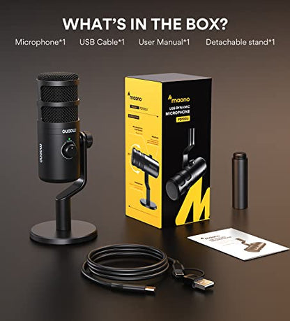 MAONO PD100U USB Dynamic Microphone, Podcast Recording Mic with Gain Knob | Plug & Play, Desktop Stand, Metal Structure, Cardioid Studio PC Computer Mic for Streaming, Vocal, Studio, Content Creation