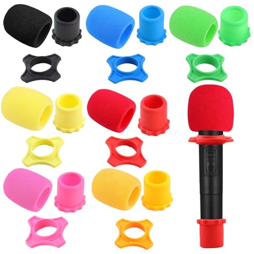 10 Set Handheld Microphone Protection Foam Mic Cover Set, Including 10 PCS Foam Microphone Windscreen Cover, 10 PCS Silicone Ring, 10 PCS Bottom Rod Sleeve Holder for KTV Mic Device(7 Colors)