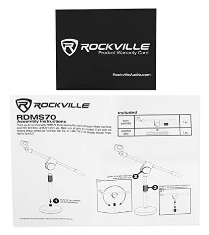 Rockville RDMS70 Desktop Mic Stand with Boom, Steel Base, Adjustable Height | Weighted Round Base, Low Profile, Powder Coated, 3/8 Thread, Anti-Slip Rubber Pad, 13.8in Boom Arm, Scratch-Resistant