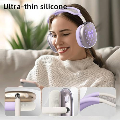 Cute Purple Bowa Clear Case for Airpods Max Headphones Kawaii Girl Printed Soft TPU Ear Cups Cover Anti-Scratch Silicone Ear Pad Protective Case Lovely Headband Cover for Apple Airpods Max - color: Purple bow A