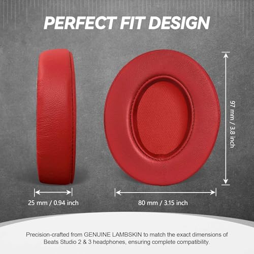 Aurivor Studio 3 Replacement Ear Pads for Beats Studio 3 & 2 Headphones, Cushions Earpads with Genuine Lambskin Leather, Softer Memory Foam, Stronger Adhesive (Lambskin-Red) - color: Lambskin-Red