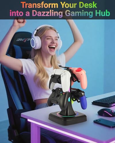 Controller Headset Stand for PS5, Xbox, Switch | 10 RGB light modes,Universal compatibility,360° rotatable headphone holder,Stable,Scratch protection,Easy assemble,Gamer gift