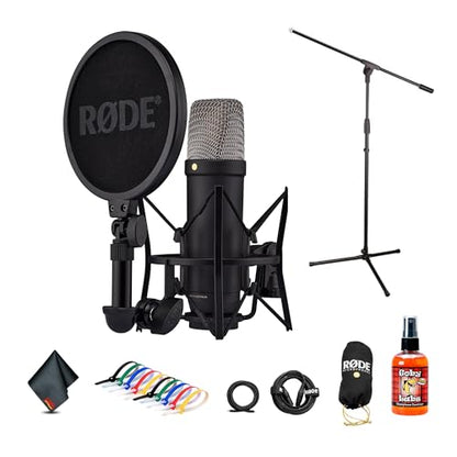 RODE NT1 5th Gen Large-Diaphragm Cardioid Condenser Microphone (Black) | XLR/USB Hybrid Mic for Studio Recording, Vocals, Podcasting & Voiceover (NT1GEN5B) + Microphone Floor Stand + Cable Ties + More