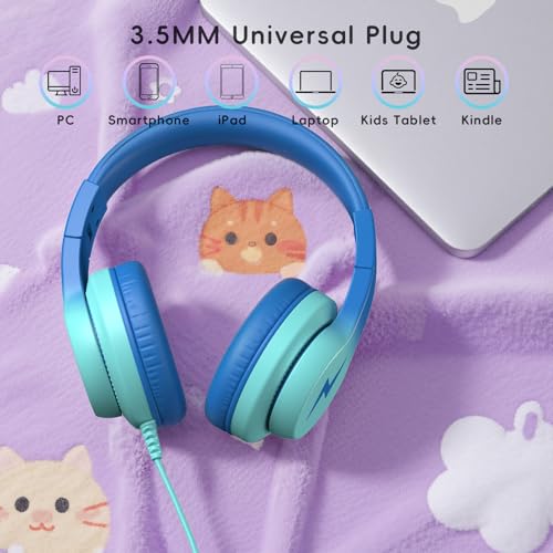 Candy Bila Wired Kids Headphones for School, Over-Ear for Boys Girls | Volume Limiter 85/94dB, HD Stereo Sound, Microphone and Wired Control, Foldable Design, Gradient Blue - color: Gradient Blue