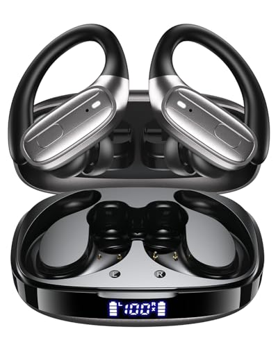 LEEMC Wireless Earbuds, Bluetooth Headphones 5.4, Ear Buds with Hooks for Sports, 80Hr Playtime Earphones, LED Display, IPX7 Waterproof Headset for Workout Running, Taupe