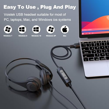 Voistek USB Headset with Noise Cancelling Mic,Wired Headphones for pc | Noise Cancelling Mic,USB-A Cable & USB-C Adapter,In-Line Volume Control,Mute Button for Teams Zoom,Home Office,VoIP - color: Black
