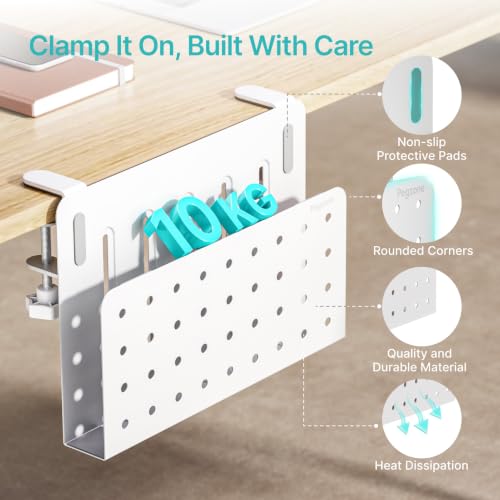 Desk Side Storage Organizer, Fits Flat Edge 0.4" to 2.2", White | No Drill Under Desk Laptop Holder, Clamp on Desks Shelf with Pegboard Accessories, Hanging Laptop Mount - color: White