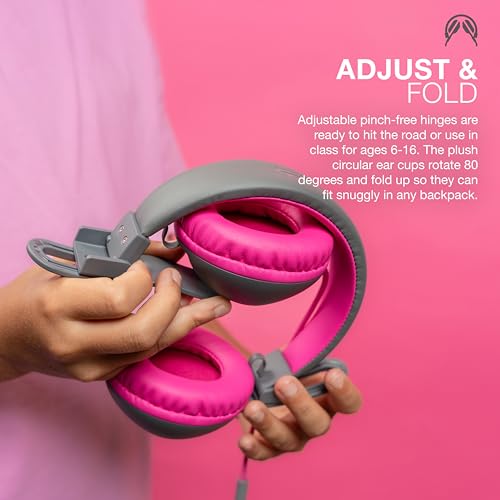 JLab JBuddies Studio 2 On-Ear Kids Wired Headphones, Grey/Pink, Toddler Headphones, Kid Safe, Studio Volume Safe, Volume Limiter, Folding, Adjustable, Noise Isolation, with Mic