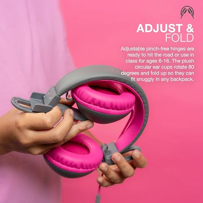 JLab JBuddies Studio 2 On-Ear Kids Wired Headphones, Grey/Pink, Toddler Headphones, Kid Safe, Studio Volume Safe, Volume Limiter, Folding, Adjustable, Noise Isolation, with Mic