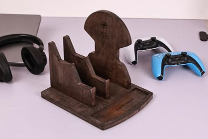 Personalized Wood Gaming Headset and Controller Stand for Desk - Headphone Controller Stand Wood Gift for Gamer - Custom Wooden Gaming Headset Stand (Walnut - PLAIN)