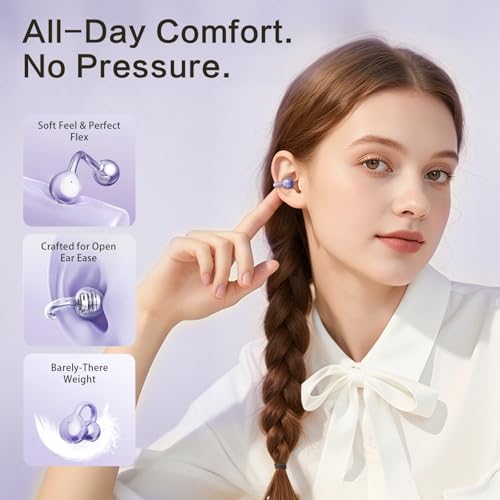 2026 Open Ear Clip On Earbuds with Detachable Butterfly Earrings, Bluetooth 6.0 Wireless Headphones for Women, 50H Playtime, Lightweight & Pain-Free Fit for Small Ears, IPX6 Great Gift Purple - color: Purple