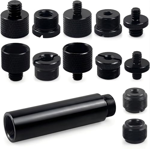 13 PCS Microphone Mount Mic Stand Adapter Parts Set - 3" Extension Tube, Aluminum Alloy 3/8 to 5/8, 1/4 to 5/8 Threaded Screw for Tripod Adapter, Shock Mount, Boom Arm, Projector, Black Anodized
