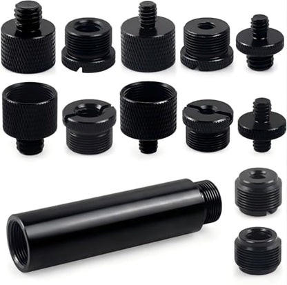 13 PCS Microphone Mount Mic Stand Adapter Parts Set - 3" Extension Tube, Aluminum Alloy 3/8 to 5/8, 1/4 to 5/8 Threaded Screw for Tripod Adapter, Shock Mount, Boom Arm, Projector, Black Anodized