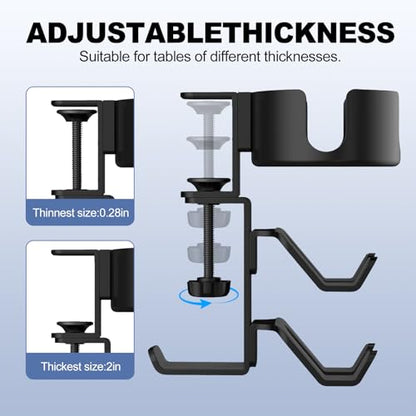 Desk Controller Holder with Headphone Hanger, 360° Rotating 3 in 1 Desk Anti-Spill Cup Holder with Headset Stand, Aluminum and Plastic
