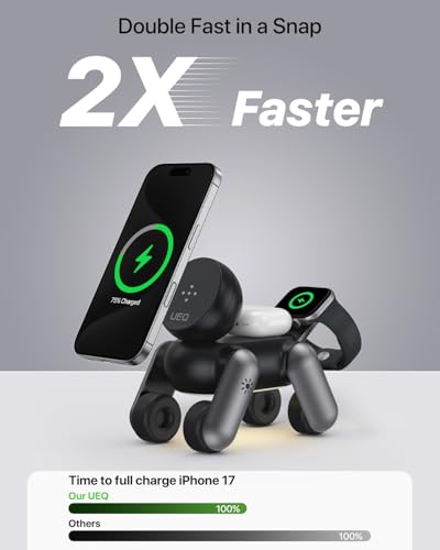 UEQ 3 in 1 Wireless Charging Station for Apple Devices,Foldable Cute Magnetic Mag-Safe Wireless Charger Stand with Night Light for iPhone 17 Air 16 15 14 13 12 Series,AirPods 4 3 2 Pro,Apple Watch - color: Black