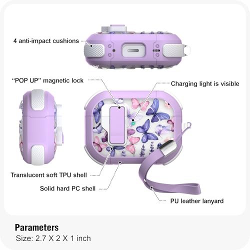 WENEW for AirPods Pro 3 Case (2025) Cover Secure Lock Automatic Snap Switch Clip Cleaner Kit Lanyard Women Stylish Flower Hard Shell Full Body Front LED Visible (Purple Butterfly, AirPods Pro 3) - color: Purple Butterfly, size: AirPods Pro 3