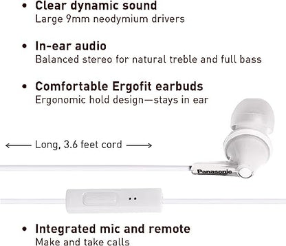 PANASONIC ErgoFit Earbud Headphones with Microphone and Call Controller Compatible with iPhone, Android and Blackberry - RP-TCM125-W - In-Ear (White) - color: White, size: S/M/L, style: With Mic