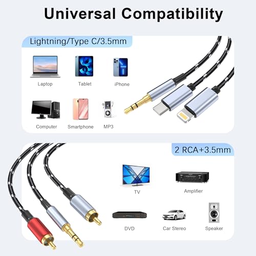 3.5mm to RCA Cable, Lightning to RCA Male to Aux Audio Adapter HiFi Sound Headphone Jack Adapter,(3 in 1 Audio Cable) Connector for iPhone/iPad Speaker MP3 Tablet HDTV(10FT) - size: 10FT, style: 3IN2RCA&3.5mm
