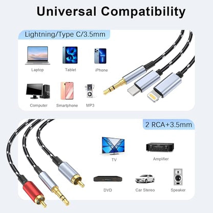 3.5mm to RCA Cable, Lightning to RCA Male to Aux Audio Adapter HiFi Sound Headphone Jack Adapter,(3 in 1 Audio Cable) Connector for iPhone/iPad Speaker MP3 Tablet HDTV(10FT) - size: 10FT, style: 3IN2RCA&3.5mm