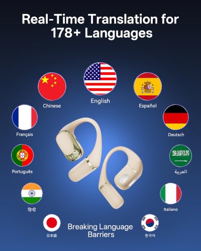 AI Translation Earbuds Real Time, 4-in-1 Open Ear Earbuds for Travel | 178 Languages Translator Ear Buds for Meeting Learning, Audifonos Traductores Inglés Español, IPX7, Clear Calls, 50H Playtime
