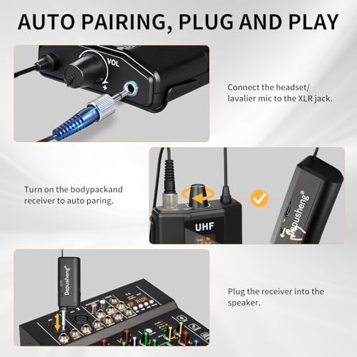 Depusheng UHF Wireless Microphone Headset System -Wireless Headset Mic System, with Lavalier Lapel Mics,200ft Range, 1/8'' and 1/4'' Plug for Recording PA Speaker,Conference