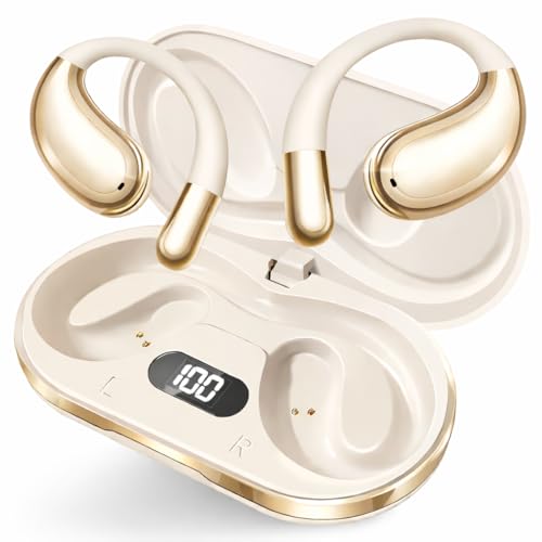 Open Ear Headphones Wireless Bluetooth 5.4, Air Conduction Wireless Earbuds with Ear Hooks and Mic, 50H LED Charging Case, IPX7 Water Resistant Sport Headphones for Running Gym Work - color: Khaki White