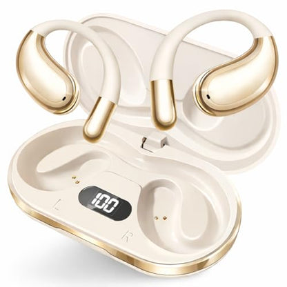 Open Ear Headphones Wireless Bluetooth 5.4, Air Conduction Wireless Earbuds with Ear Hooks and Mic, 50H LED Charging Case, IPX7 Water Resistant Sport Headphones for Running Gym Work - color: Khaki White