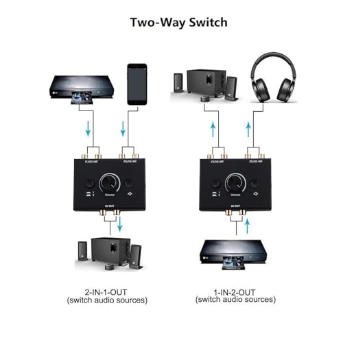 2 in 1 Out 2 Port RCA Stereo Audio Switch, Bi-Directional Audio Switcher, Speaker Switch, No External Power Required