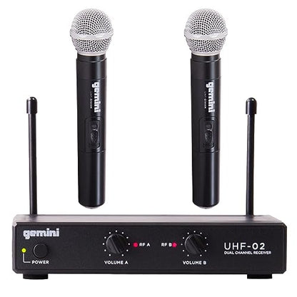 Gemini Dual-Channel UHF Handheld Microphone System (UHF-02M-S12) | Dual-channel UHF handheld mics, 517-521 MHz - 150 ft range - dual volume controls - auto-pair, ABS