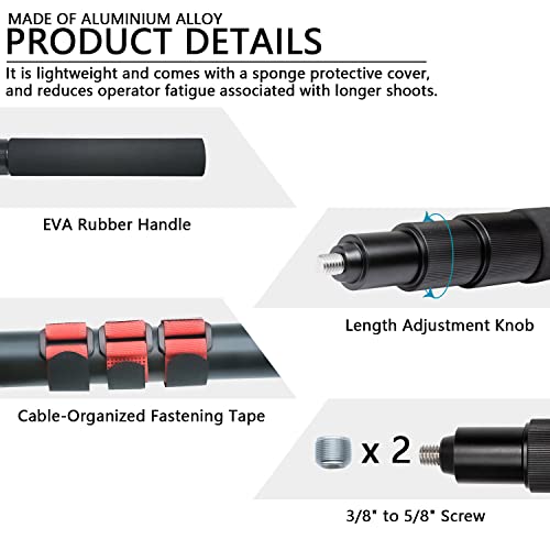 Handheld Boom Pole for Shotgun Mic, 3-Section Extendable Microphone Arm | Filming with 3/8" and 5/8" Threads, 3ft to 8.3ft Adjustable Length, Portable