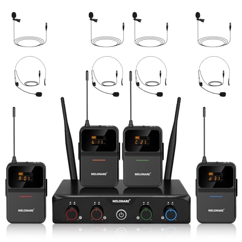 MELONARE Compact 4-Channel UHF Wireless Microphone System MWM-41-4B | 4 Headset/Lapel Microphones, 4 x 10 Frequencies, 200 ft Range, Hands-Free Vocals, Church, Conference - size: 4 Bodypack Mics