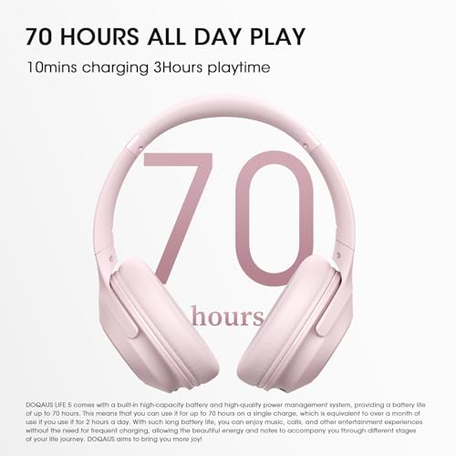 DOQAUS Bluetooth Headphones Over Ear, 70H Playtime,3 EQ Modes, with ENC Mic | 70 Hours Playtime, HiFi Stereo Sound, Deep Bass, Memory Foam Earpads, Headphones Wireless for Phone PC Travel Home Office - color: Pink