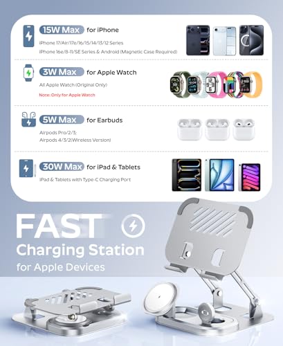 Meifigno 65W 5 in 1 Wireless Charging Station for Apple Multiple Devices | With 30W Fast Wired Charging for iPad/Tab, Foldable Charger Design for Magsafe, for iPhone 17 16/iWatch/AirPods with Adapter