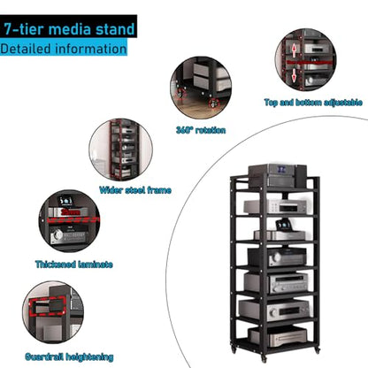7 Tier Audio Rack Tower, CD Record Player Stereo Receiver AV Equipment Cabinet Display Rack, Weight Capacity 661 lbs, with Adjustable Wooden Shelves for Home (7 Tier Black) - size: 7 Tier Black