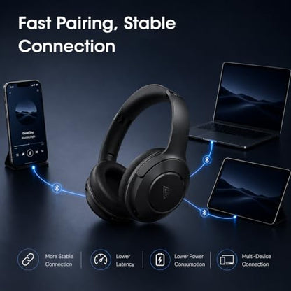 DOQAUS Bluetooth Headphones Over Ear, 9 EQ Modes & App Control | HiFi Stereo Sound, 70H Playtime, Memory Foam Earpads with ENC Microphone, Wireless Headphones for Travel, Work, Phone & PC - color: Black