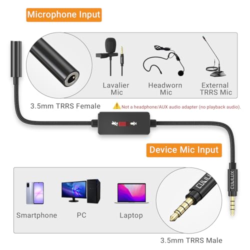 3.5mm TRRS Microphone Mute Switch Adapter, CTIA Inline Slide (Male to Female), Mic Signal Only (Not for Headphones/Audio), for TRRS Lavalier Mic, Smartphone/Laptop/PC