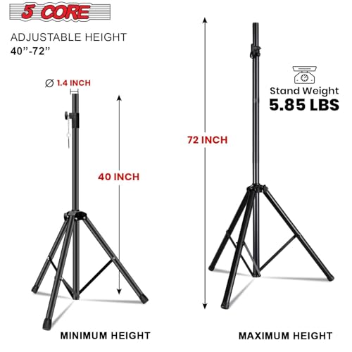 5 Core Speaker Stand Universal Mount Steel Construction 132 Lbs Capcity Stable Tripod w/Adjustable Height 72” w 35mm Compatible Insert Metal Safety Pin Black