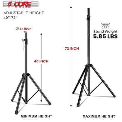 5 Core Speaker Stand Universal Mount Steel Construction 132 Lbs Capcity Stable Tripod w/Adjustable Height 72” w 35mm Compatible Insert Metal Safety Pin Black