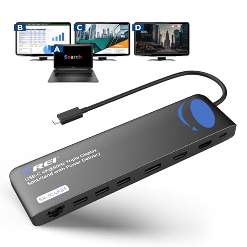 OREI USB C Docking Station Triple Monitor (MST, No Drivers, Windows) 3 Monitor Dock with 4K@60Hz 4:4:4 - SplitXtend Laptop Dock with 2 HDMI & DisplayPort, 85W PD, Ethernet, USB, SD/TF | Laptop Docking Station with 3 Displays, 2 HDMI + DisplayPort, 100W PD