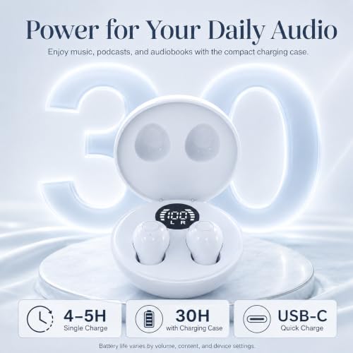 Invisible Bluetooth Earbuds for Small Ears, Skin Tone, Mini Wireless, Discreet, for Side Sleepers, Work, Office, with Smart LED Display Charging Case, White - color: White