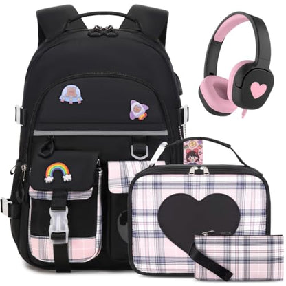 ACESAK Girls Backpack with Headphones, Insulated Lunch Box & Pencil Case | Girls School Backpack with 3.5mm Wired Headphones for School Bookbag Schoolbag Set Back To School Gift, Black - color: Black