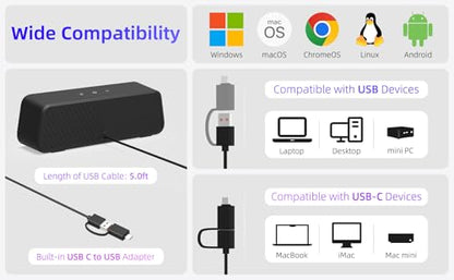 Computer Speakers for Desktop PC, External Speakers for Laptop, USB Plug-in, Wired, Small PC Sound bar with Crystal-Clear Sound, Surprisingly Loud Volume, Deep Bass, Easy Touch Control, USB-C Adapter - size: 8 Inch