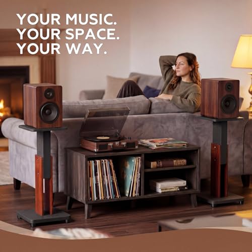 2 Pcs Height Adjustable Speaker Stands 18 to 28 Inches Heavy Duty 50 Lbs Wood Vinyl Record Player Stands Pair for Studio Housewarming Home Decoration