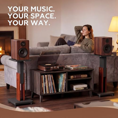 2 Pcs Height Adjustable Speaker Stands 18 to 28 Inches Heavy Duty 50 Lbs Wood Vinyl Record Player Stands Pair for Studio Housewarming Home Decoration