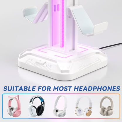 KDD RGB Headset Stand with 9 Light Modes - Controller Holder for Desk - Rotatable Headphone Stand & Detachable Controller Hook for PC Earphone Accessories(White) - color: White