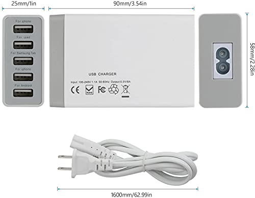 Pezin & Hulin 5 Port USB Wall Charger, 45W, Compatible with Tablet, Phone, Cell Devices - color: White