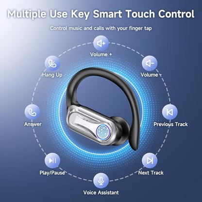 Sports Wireless Earbuds with Ear Hooks, Bluetooth 6.1 Noise Canceling Headphones, 90H Playtime LED Display, IPX7 Waterproof Running Workout Earphones, Black