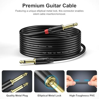 Guitar Cable 10ft, Professional Series Instrument Cable with Silent Elliptical Lock Plug, 6.35mm Stereo Plugs Guitar Cord for Electric Guitar, Amp, Mixer, Speaker, Studio Monitor